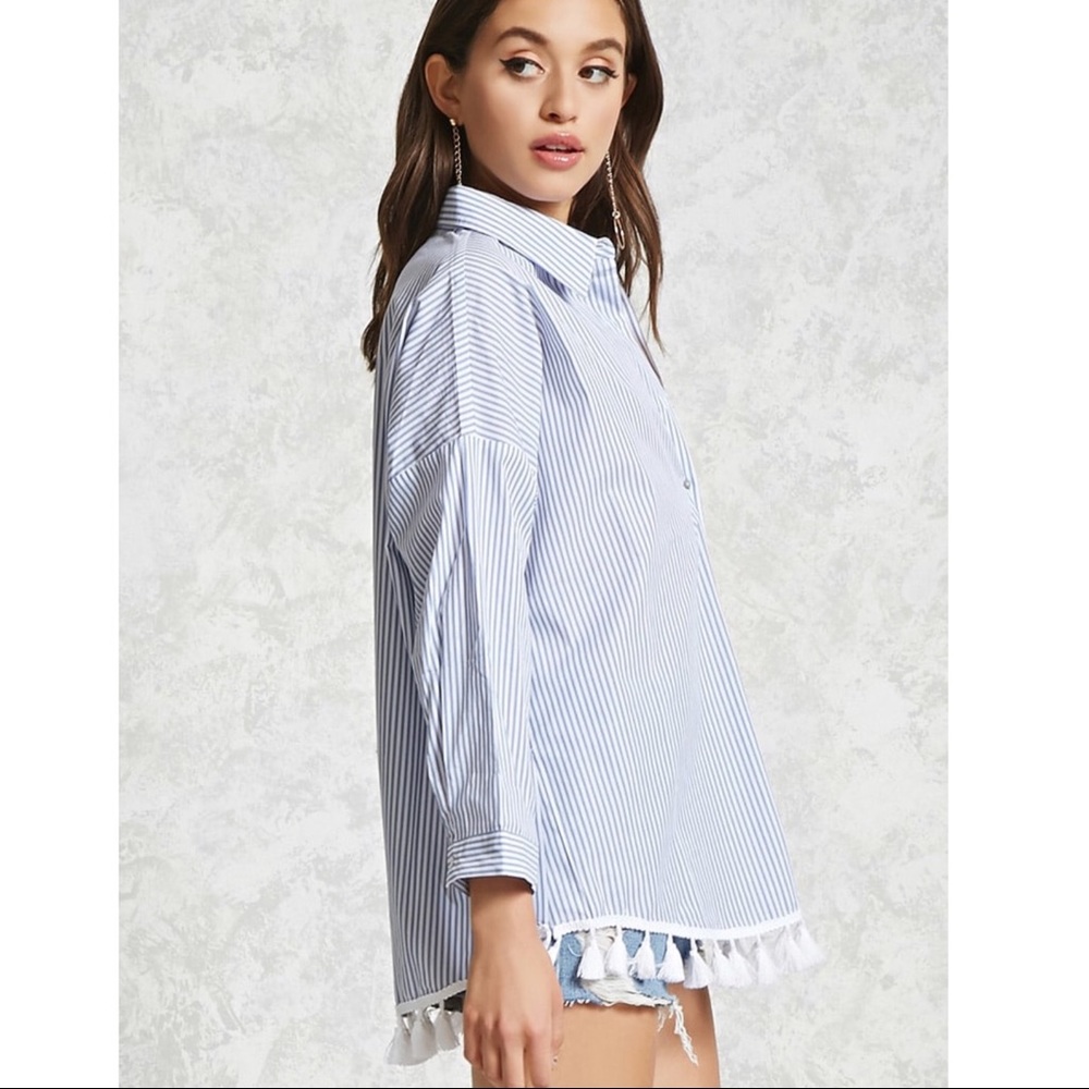 Blue and white striped Button Up with tassels